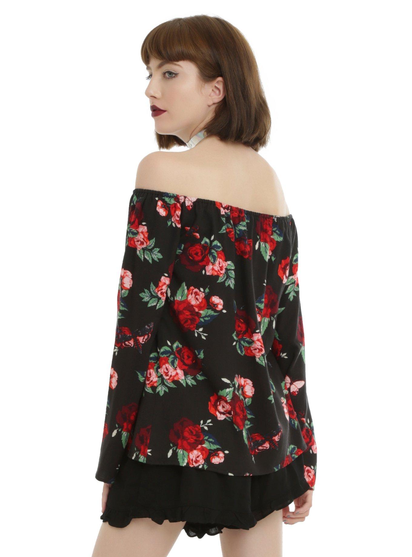 Roses Off-The-Shoulder Long Sleeve Girls Peasant Top, , alternate