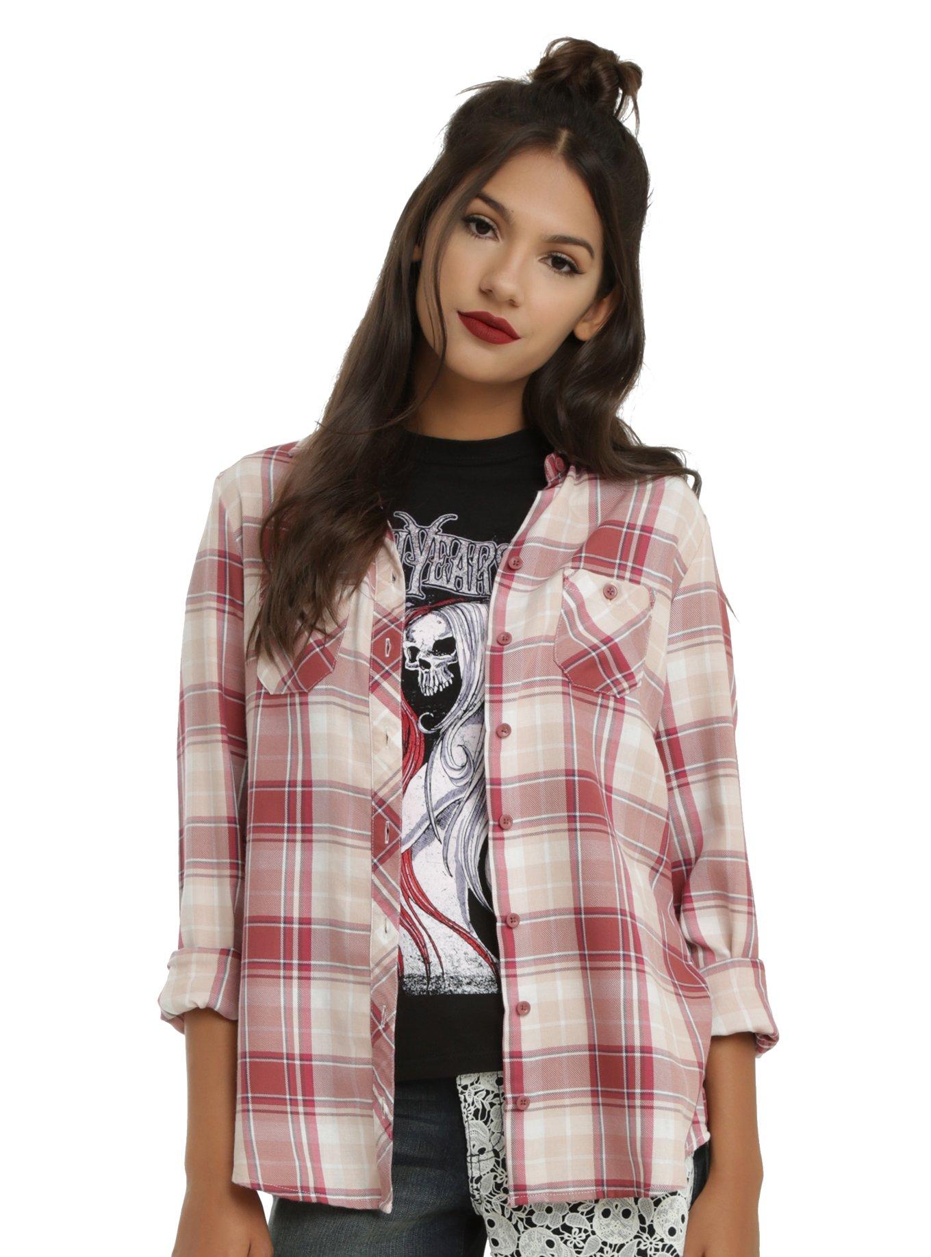 Pink & Ivory Plaid Lace Sugar Skull Girls Woven Button-Up, , alternate