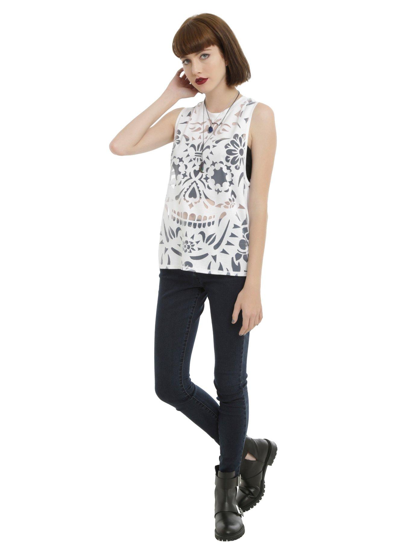 White Sugar Skull Girls Burnout Muscle Tank Top, , alternate