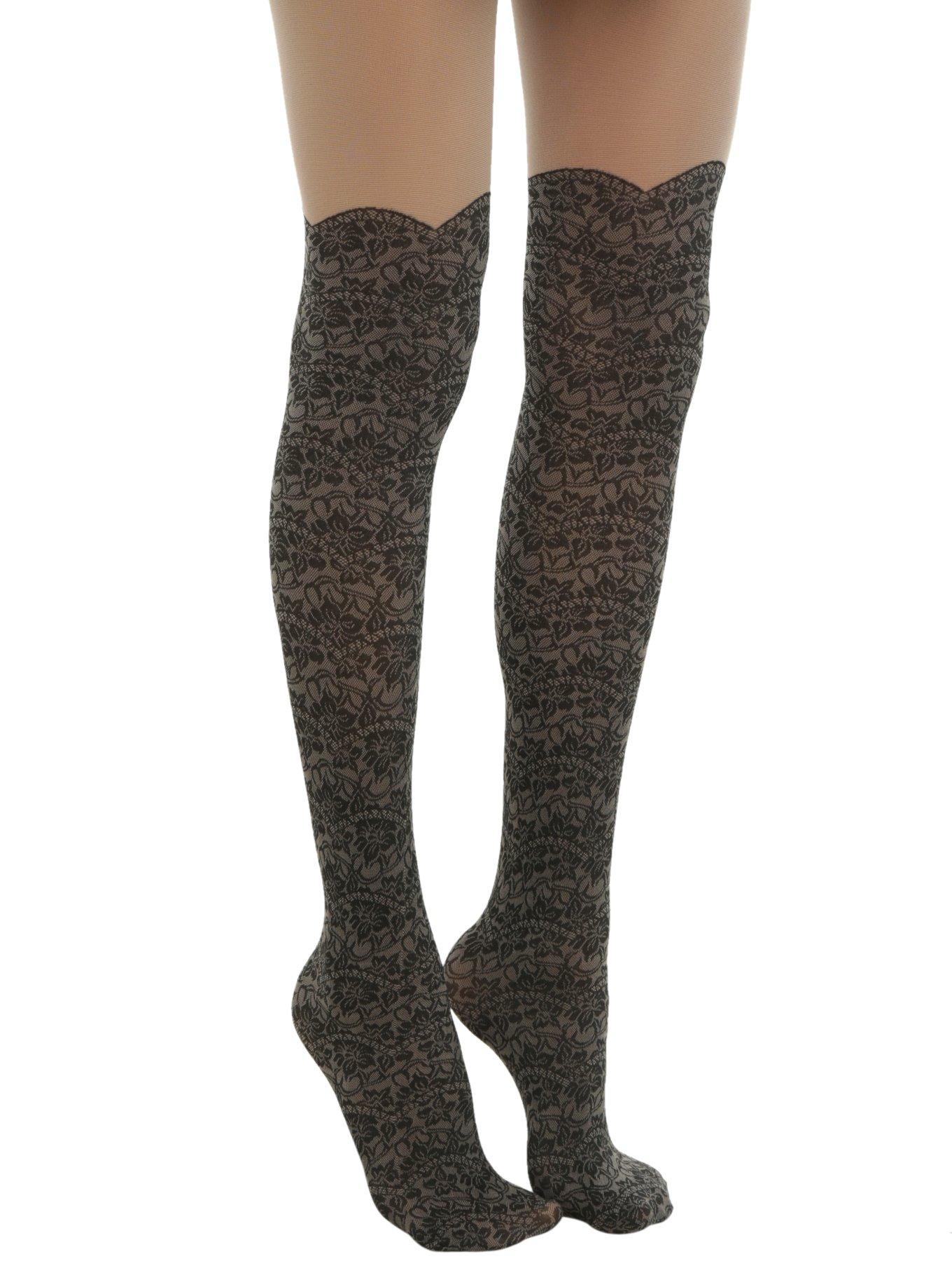Blackheart Lace Faux Thigh High Tights, , alternate