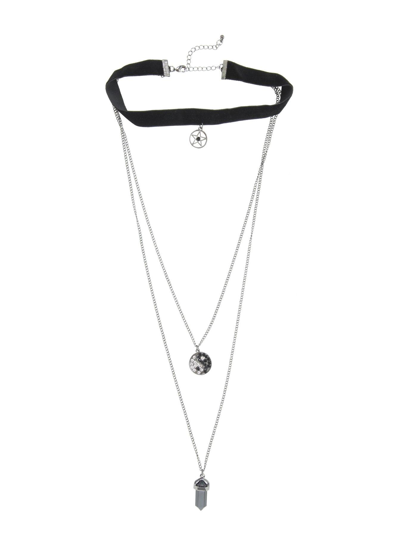 Blackheart Pentagram Yin-Yang & Black Crystal Layered Necklace, , alternate