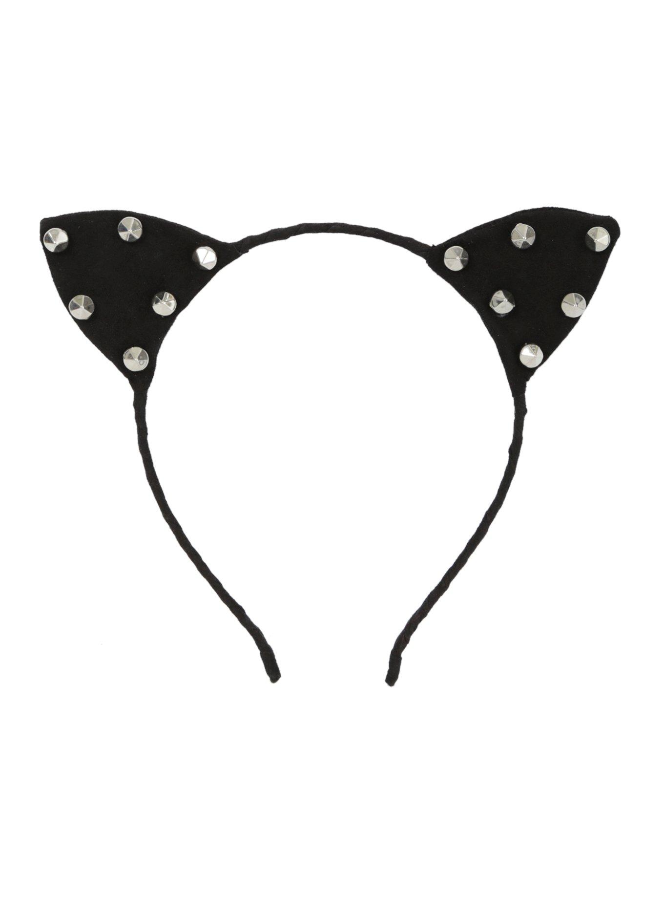 Blackheart Silver Spiked Black Cat Ear Headband, , alternate
