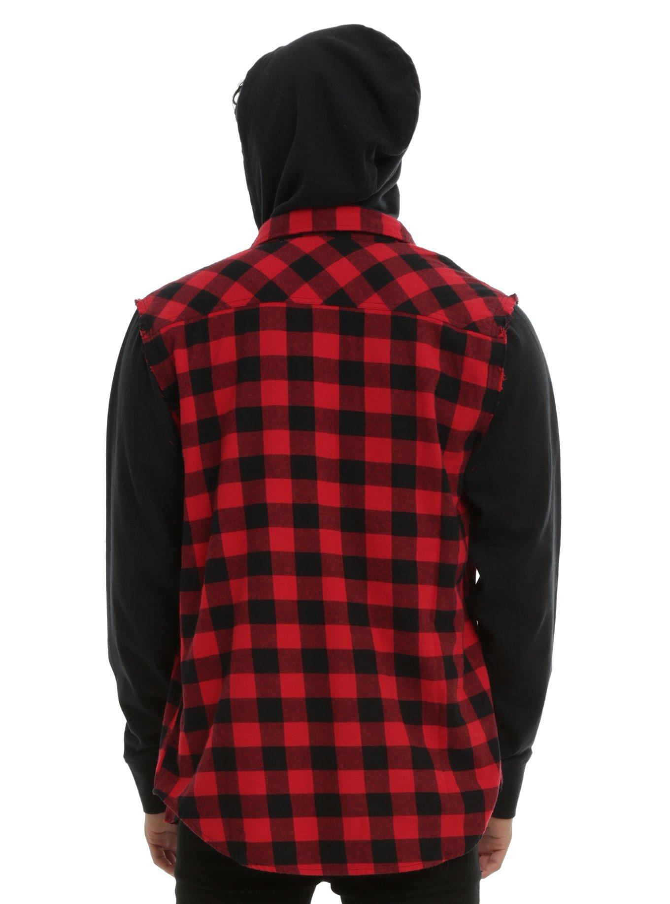 XXX RUDE Red Buffalo Plaid & Fleece Sleeves Hooded Woven Button-Up, , alternate