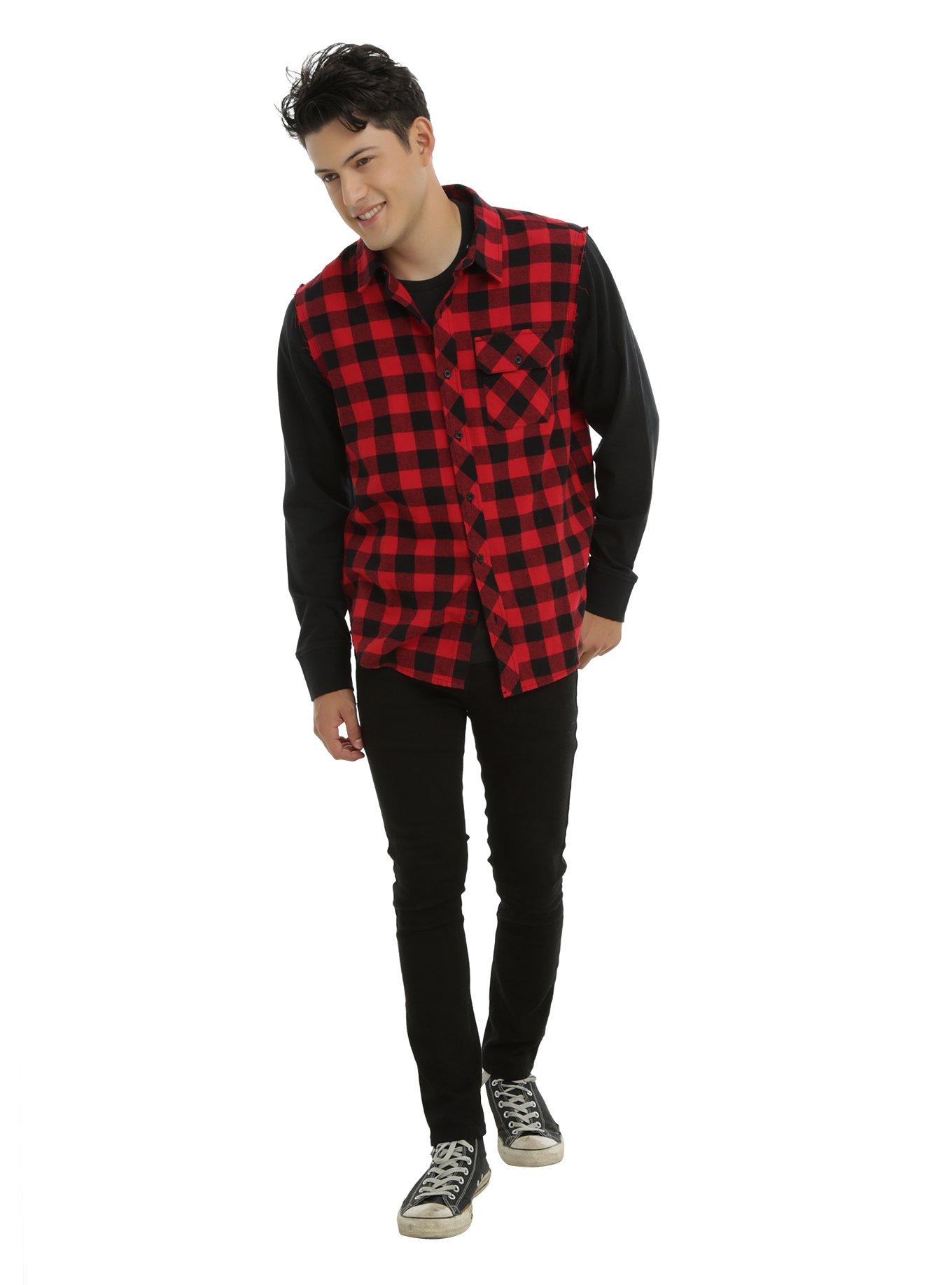 XXX RUDE Red Buffalo Plaid & Fleece Sleeves Hooded Woven Button-Up, , alternate