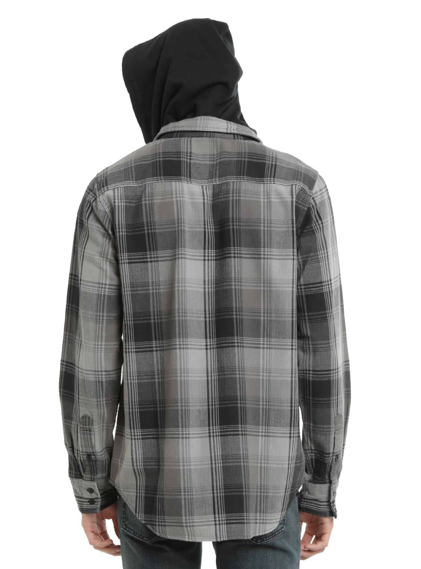 XXX RUDE Grey Plaid Black Fleece Hooded Woven Button-Up, , alternate