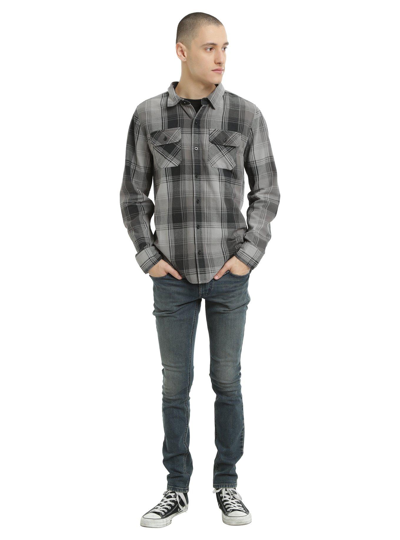 XXX RUDE Grey Plaid Black Fleece Hooded Woven Button-Up, , alternate