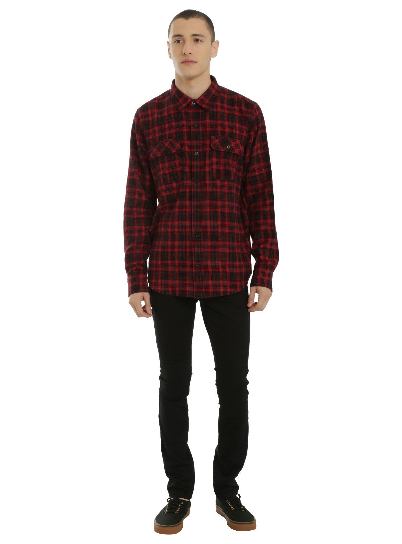 XXX RUDE Red Grunge Plaid Woven Button-Up, , alternate