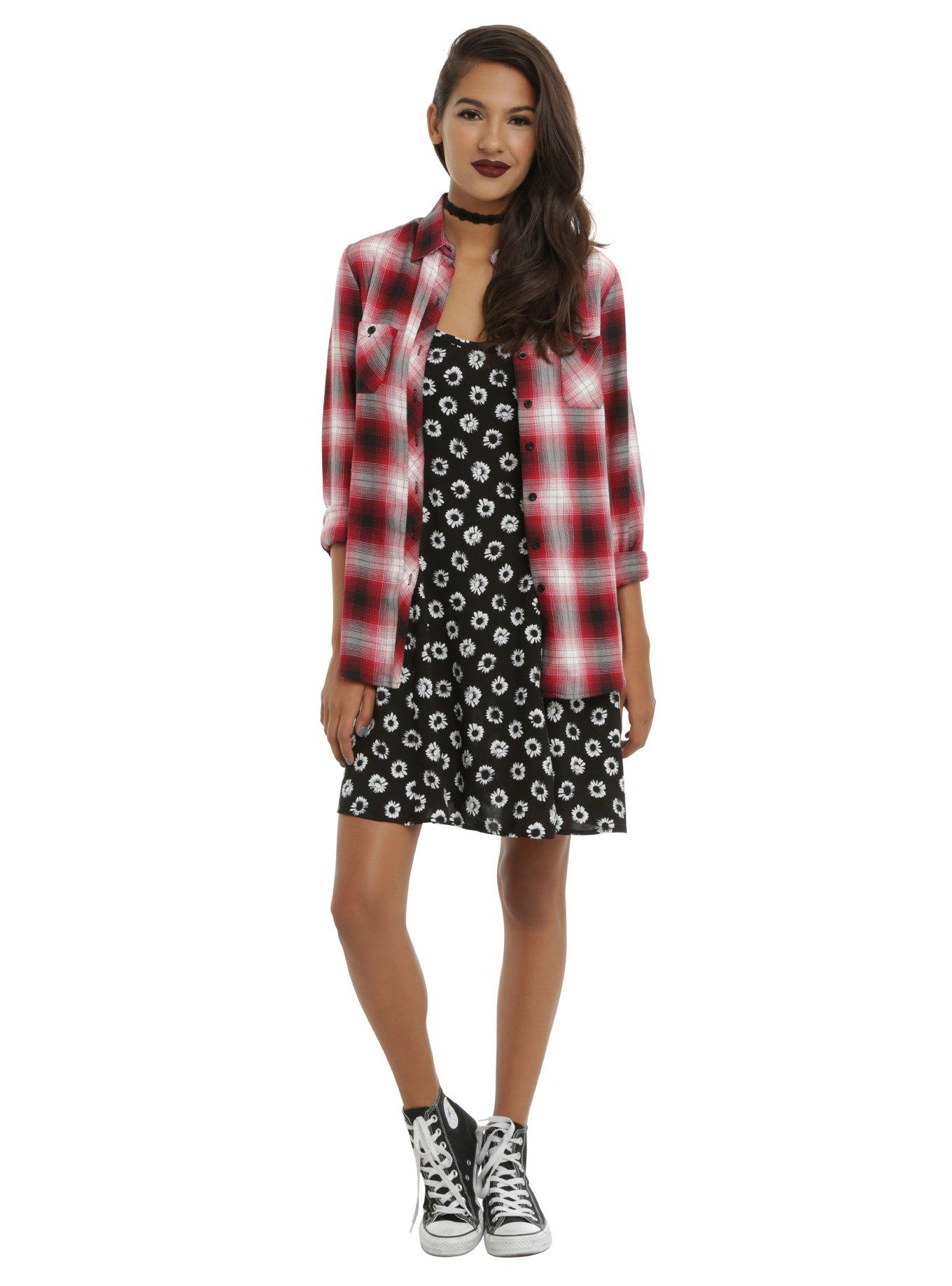 Red Black & White Tartan Plaid Girls Woven Button-Up, , alternate