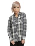 Back Skull Graphic Grey Plaid Girls Woven Button-Up, , alternate