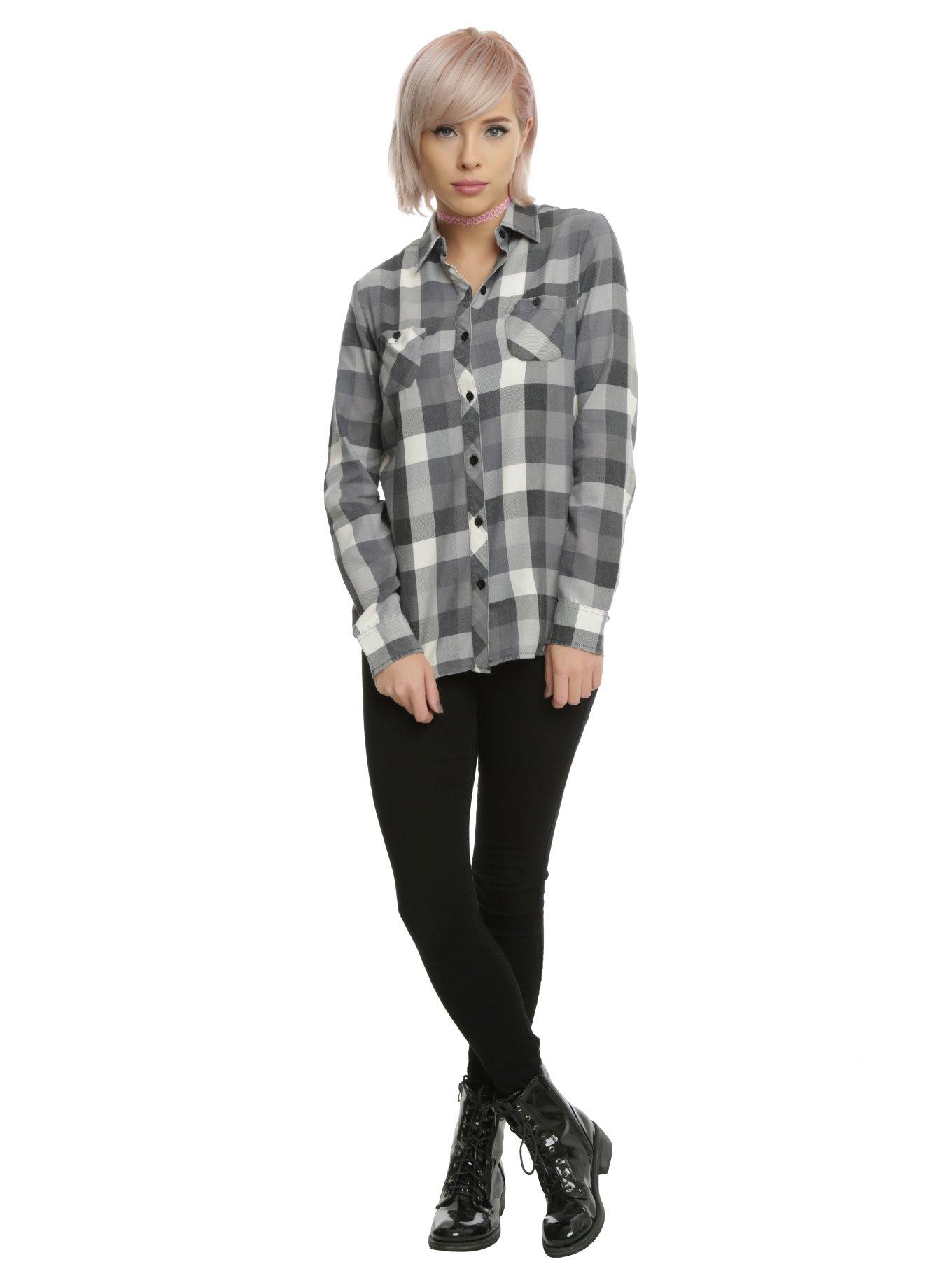Back Skull Graphic Grey Plaid Girls Woven Button-Up, , alternate