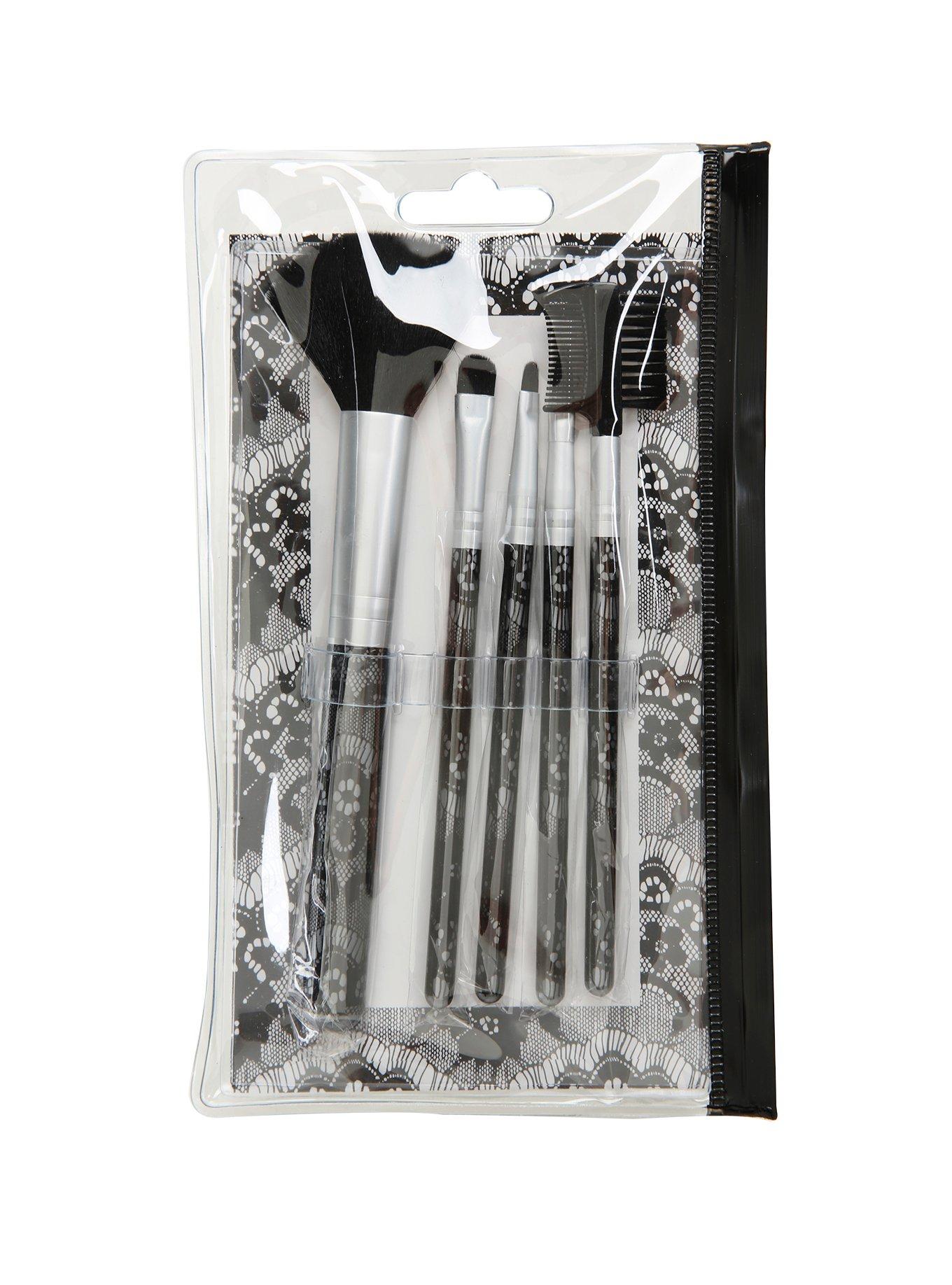 Black Lace Print Travel Makeup Brush Set, , alternate