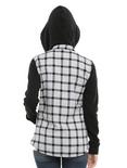Black & White Plaid Fleece Sleeves Hooded Girls Woven Button-Up, , alternate
