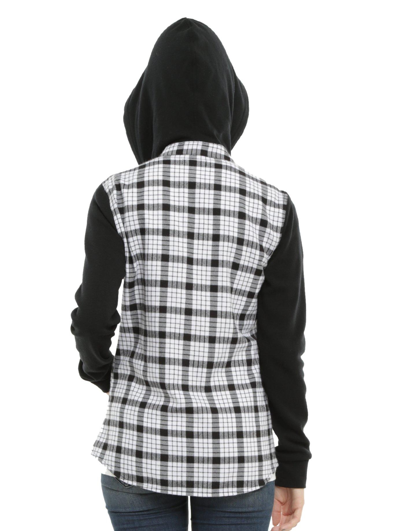 Black & White Plaid Fleece Sleeves Hooded Girls Woven Button-Up, , alternate