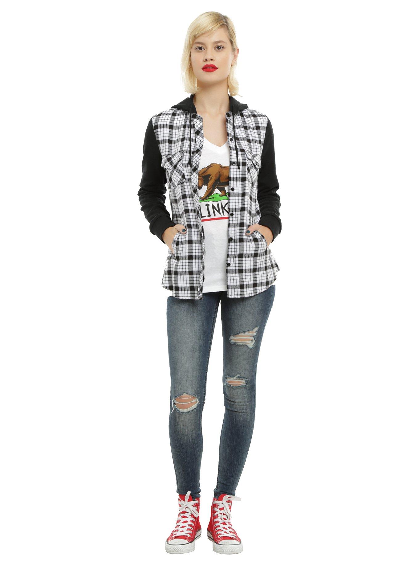 Black & White Plaid Fleece Sleeves Hooded Girls Woven Button-Up, , alternate