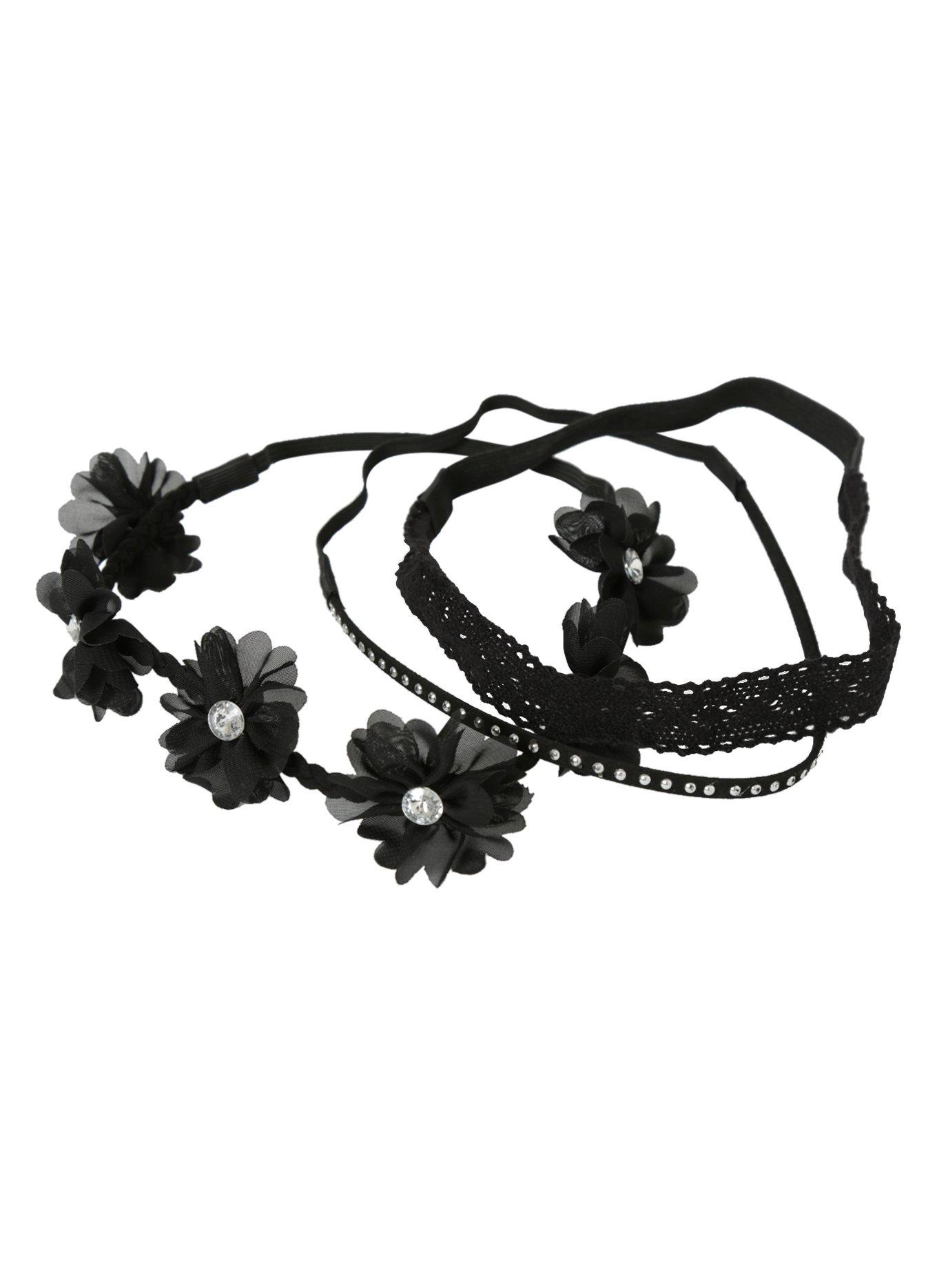 Blackheart Black Lace Flower & Studs Stretchy Headband Set, , alternate