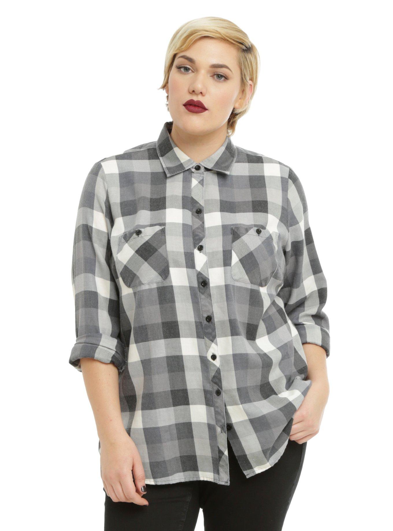 Grey & White Skull Plaid Girls Woven Button-Up Plus Size, , alternate