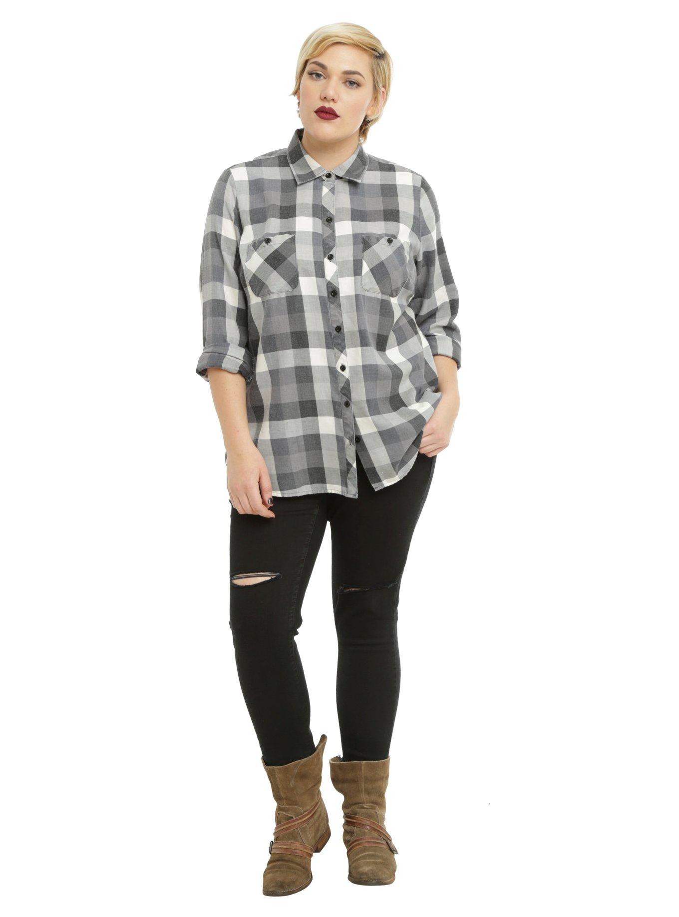 Grey & White Skull Plaid Girls Woven Button-Up Plus Size, , alternate