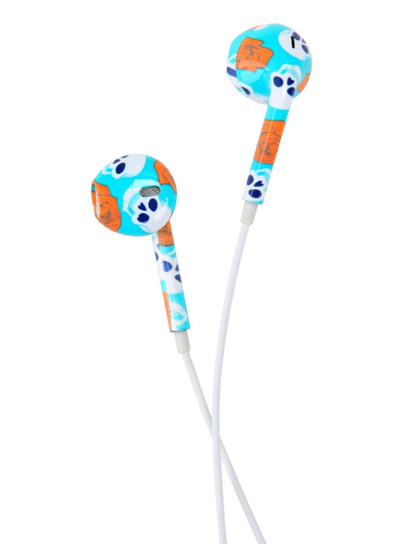 Micase Blue Floral Skull Floral Print Earbuds, , alternate