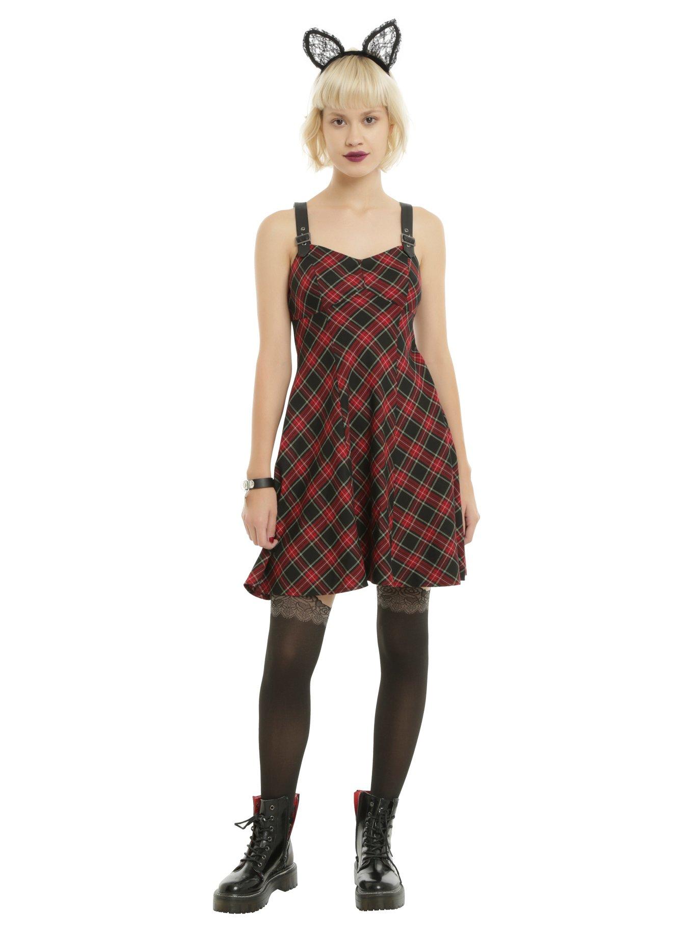 Red Plaid Buckle Strap Dress, , alternate