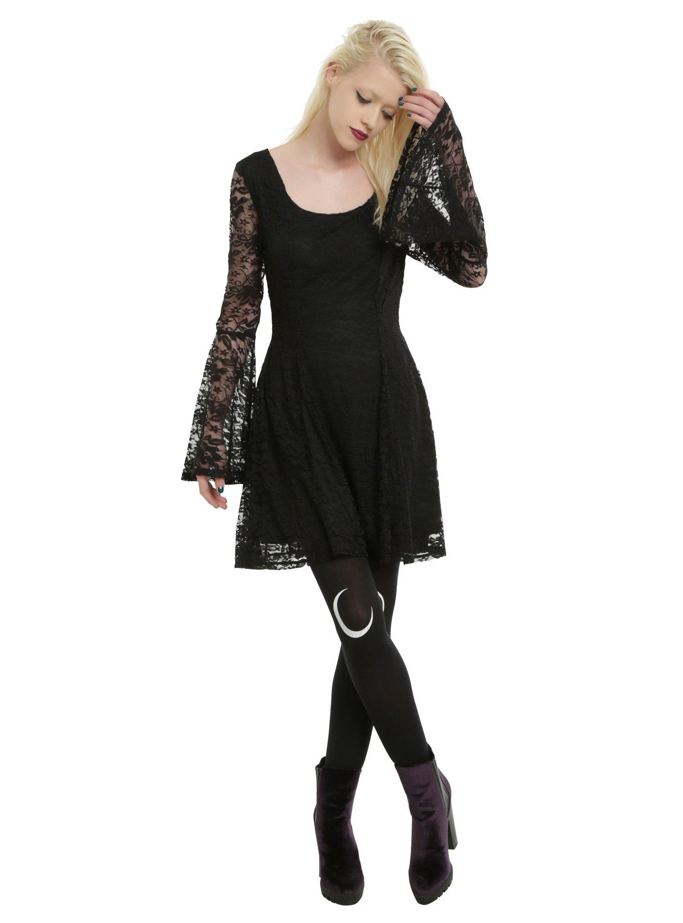 Black Lace Long Bell Sleeve Skater Dress, , alternate