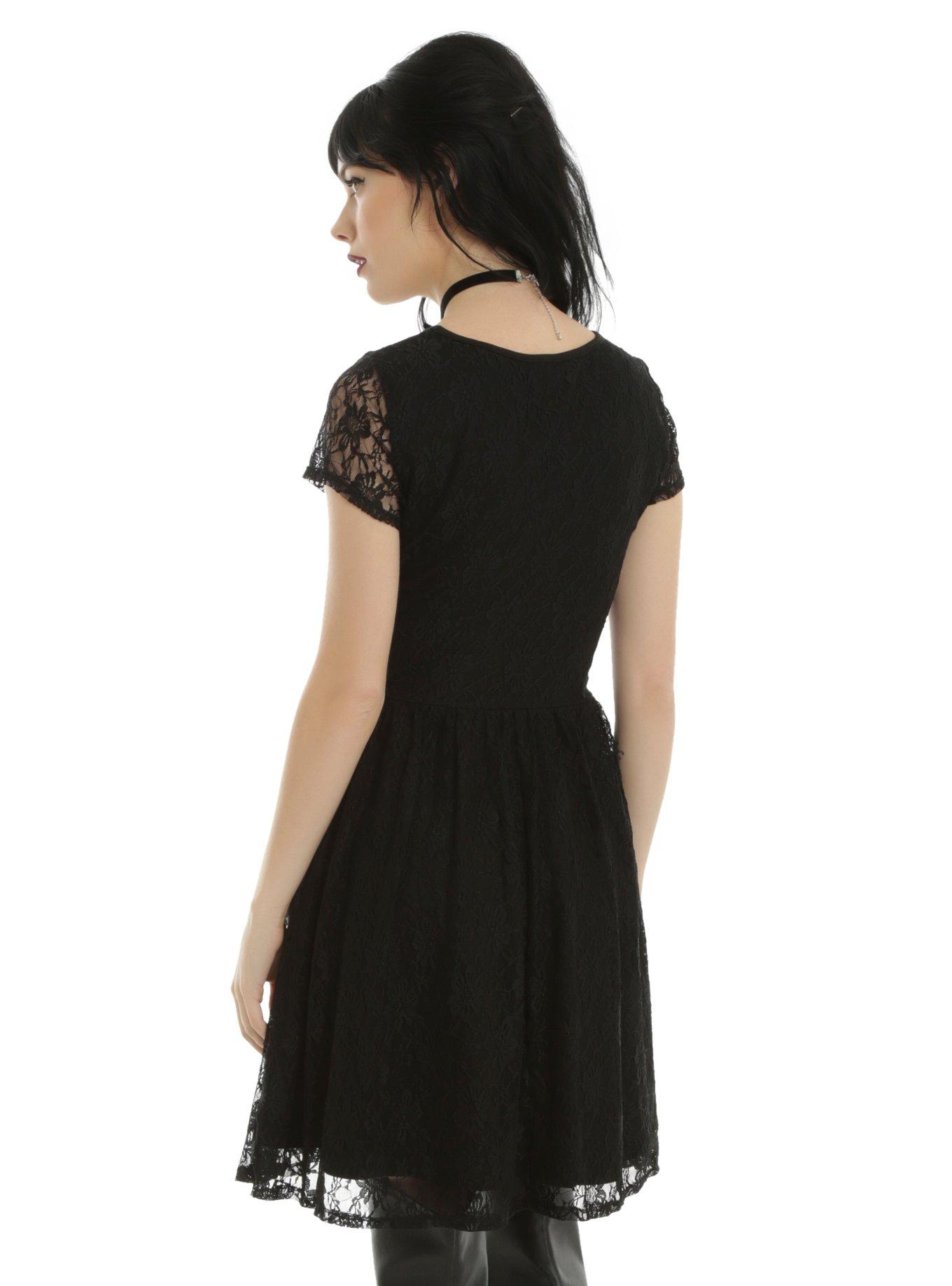 Black Short Sleeve Faux Leather & Lace Dress, , alternate