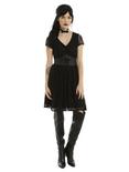 Black Short Sleeve Faux Leather & Lace Dress, , alternate