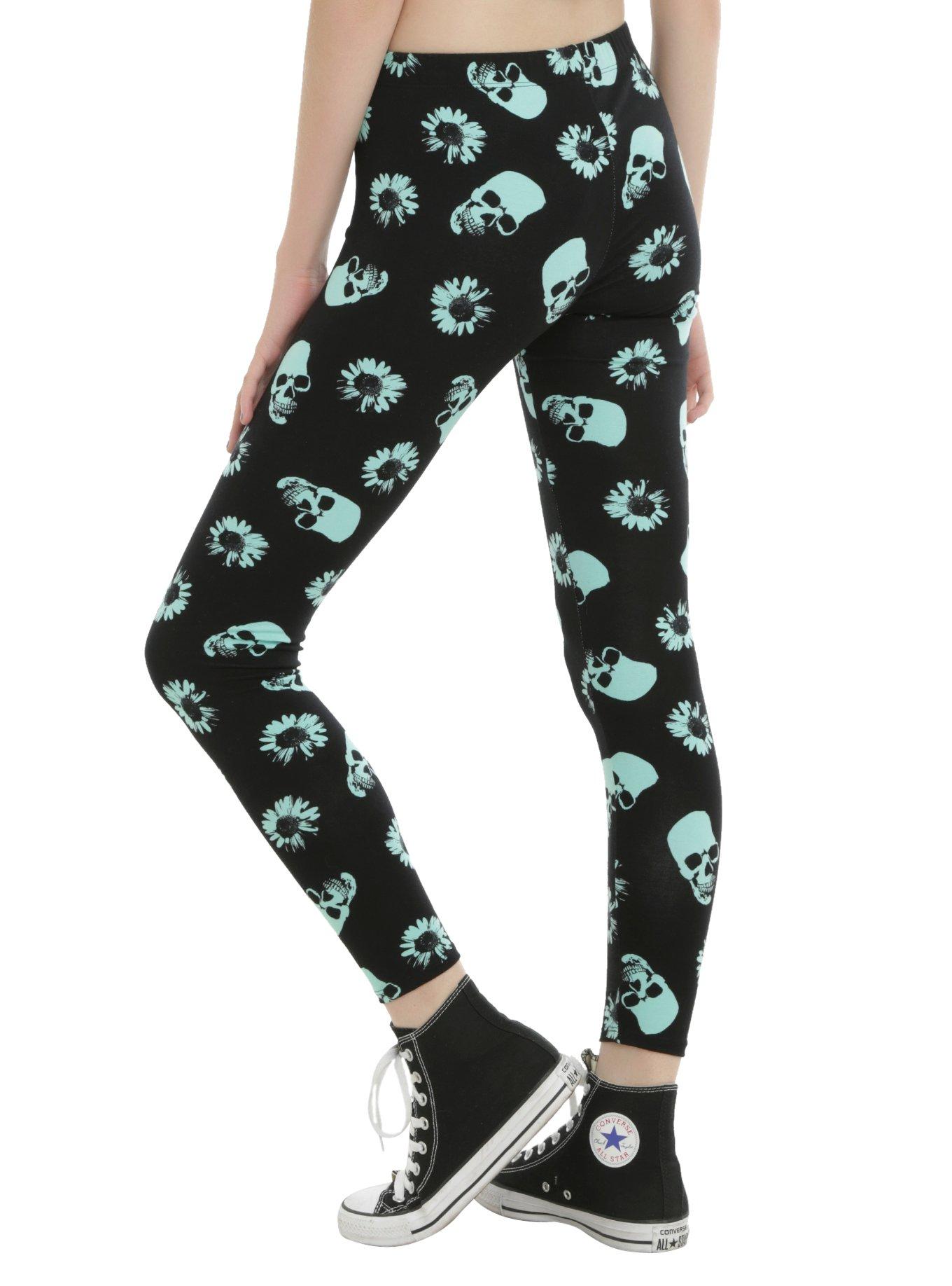Black & Mint Skull & Daisy Leggings, , alternate
