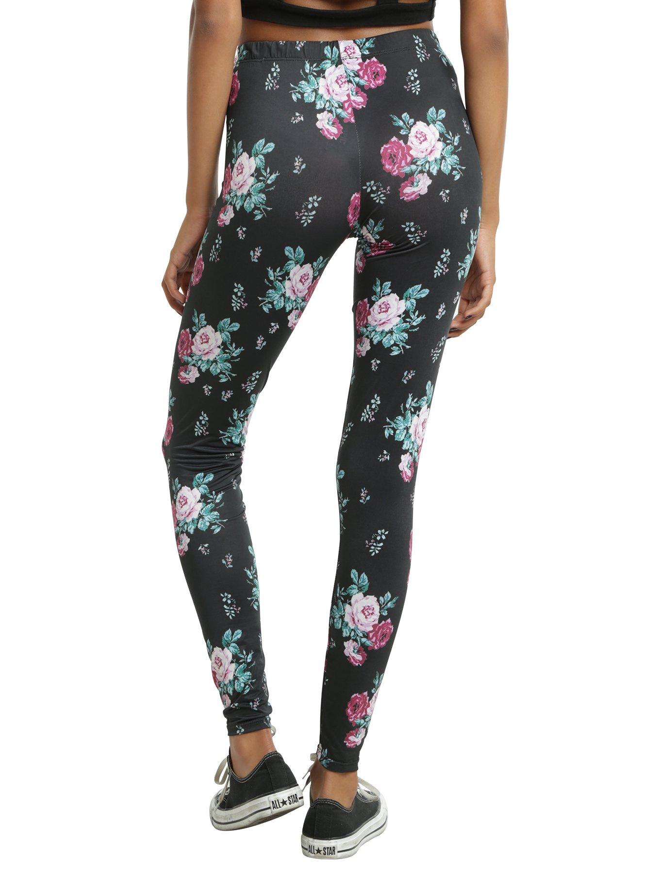 Black Floral Print Leggings, , alternate