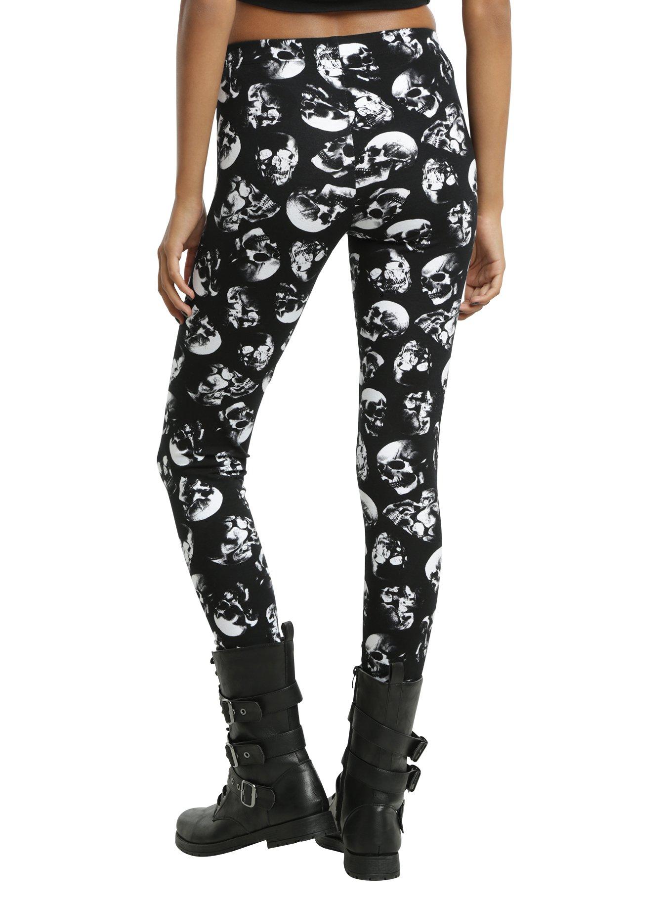 Black & White Allover Skull Print Leggings, , alternate