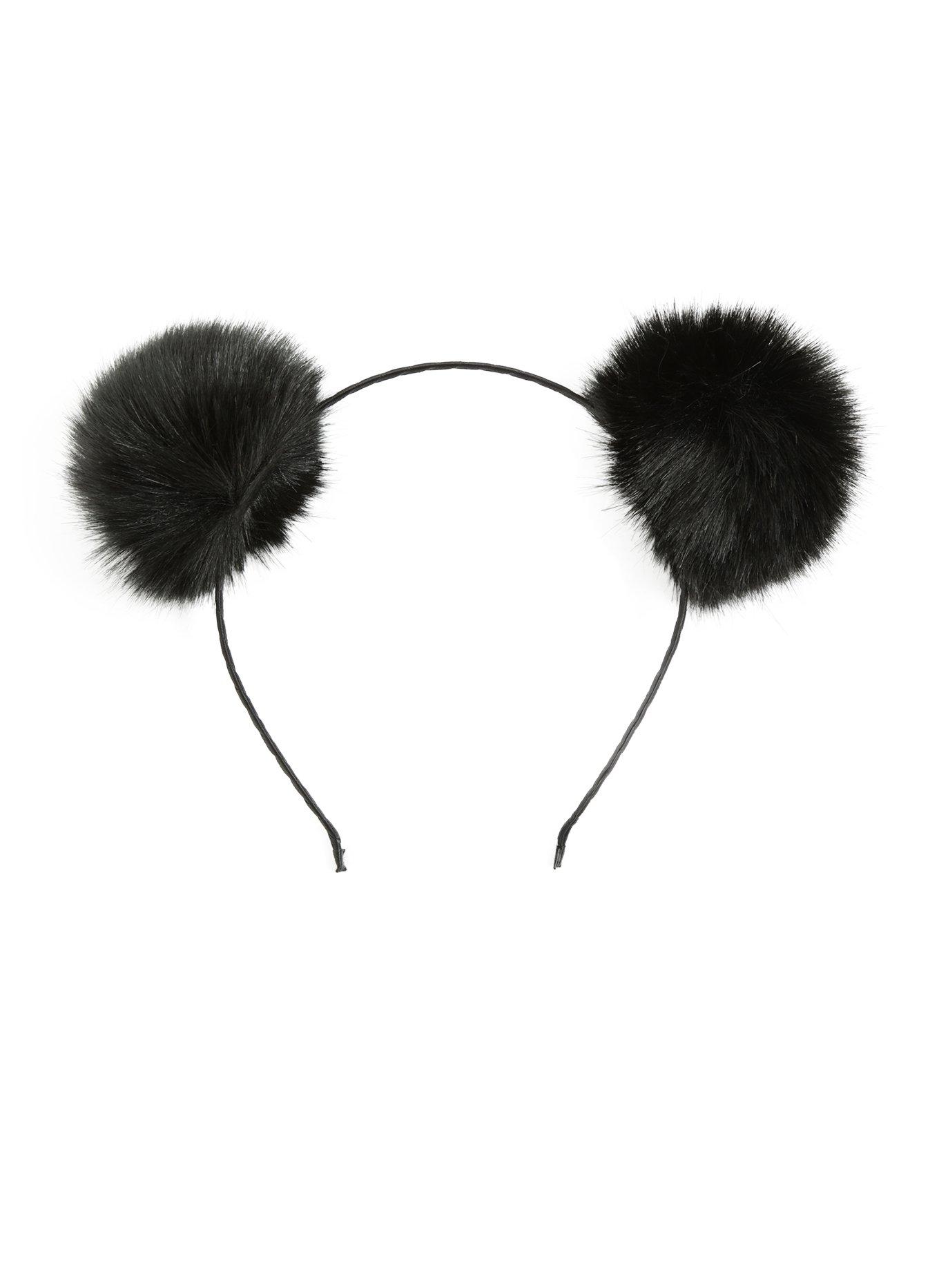 Black Fuzzy Pom Pom Ears Headband, , alternate