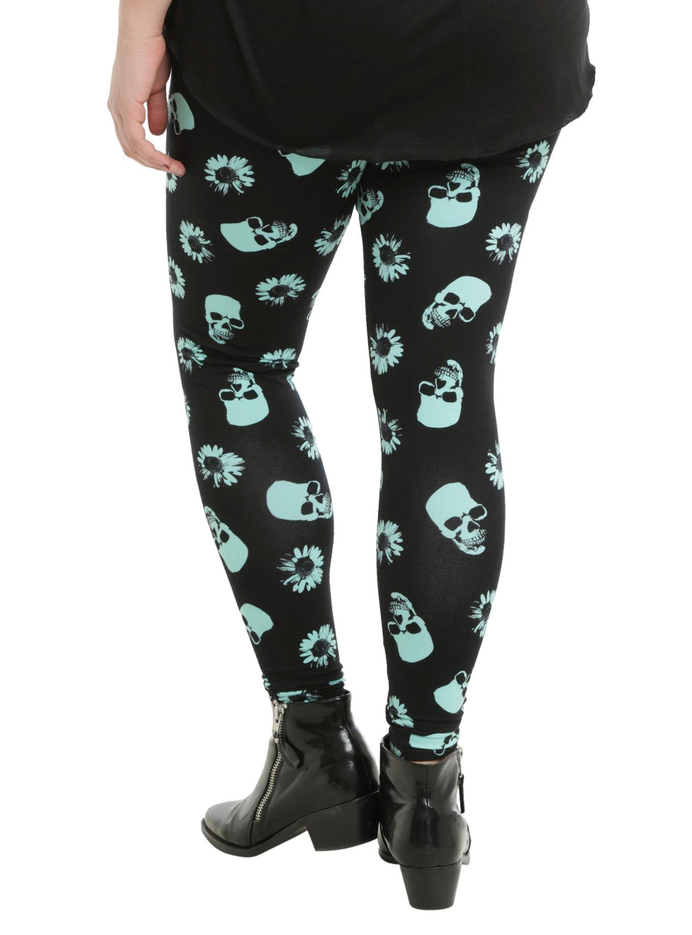 Black & Mint Skull & Daisies Leggings Plus Size, , alternate