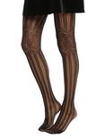 Black Stripe Floral Lace Knee Tights, , alternate