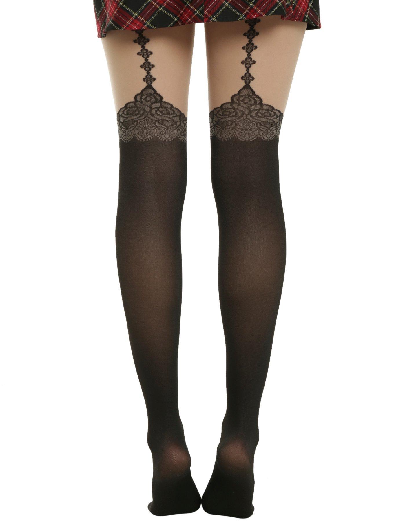 Blackheart Gothic Diamond Faux Garter Tights, , alternate