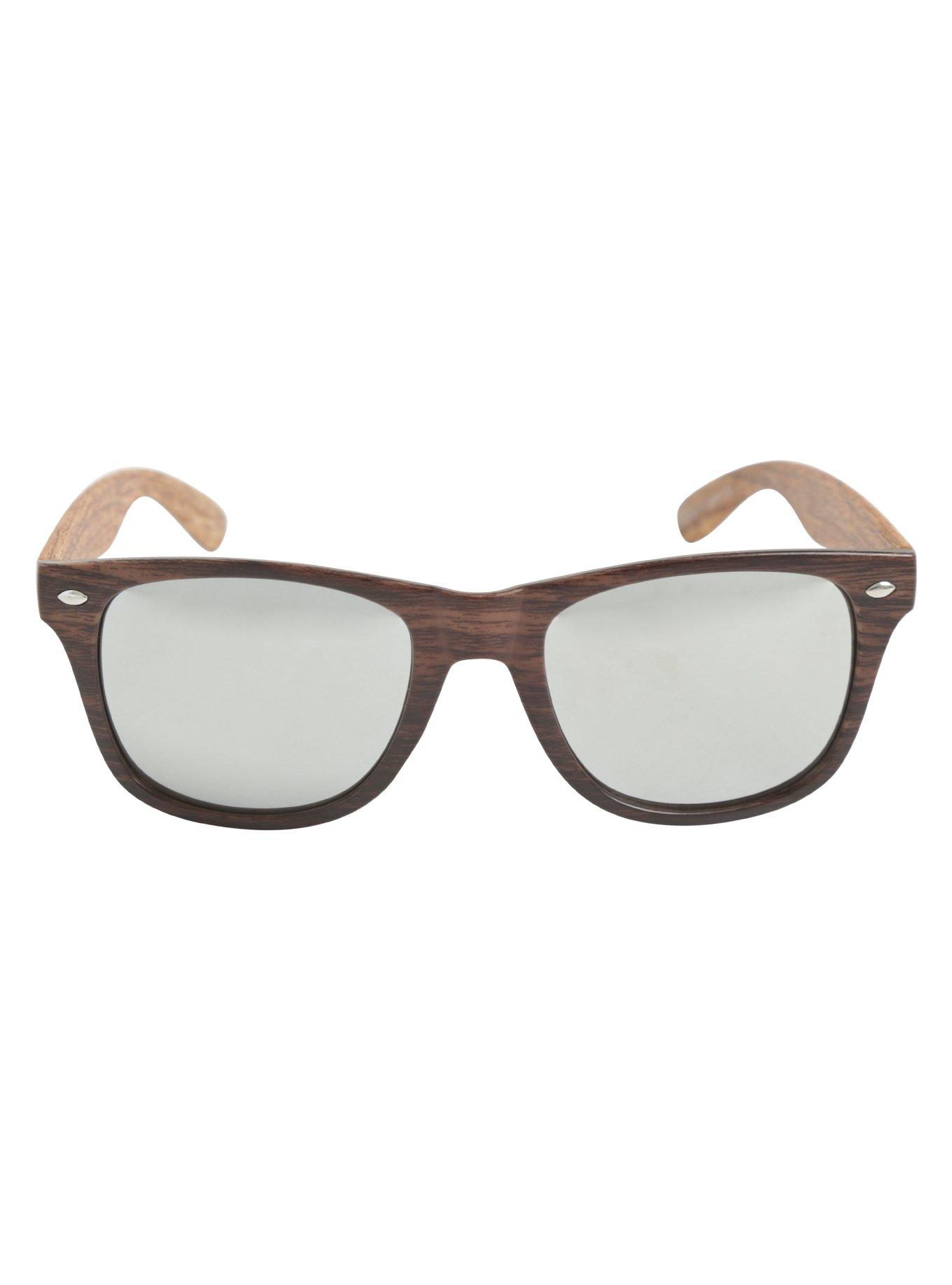 Brown Wood Mirror Lens Retro Sunglasses, , alternate