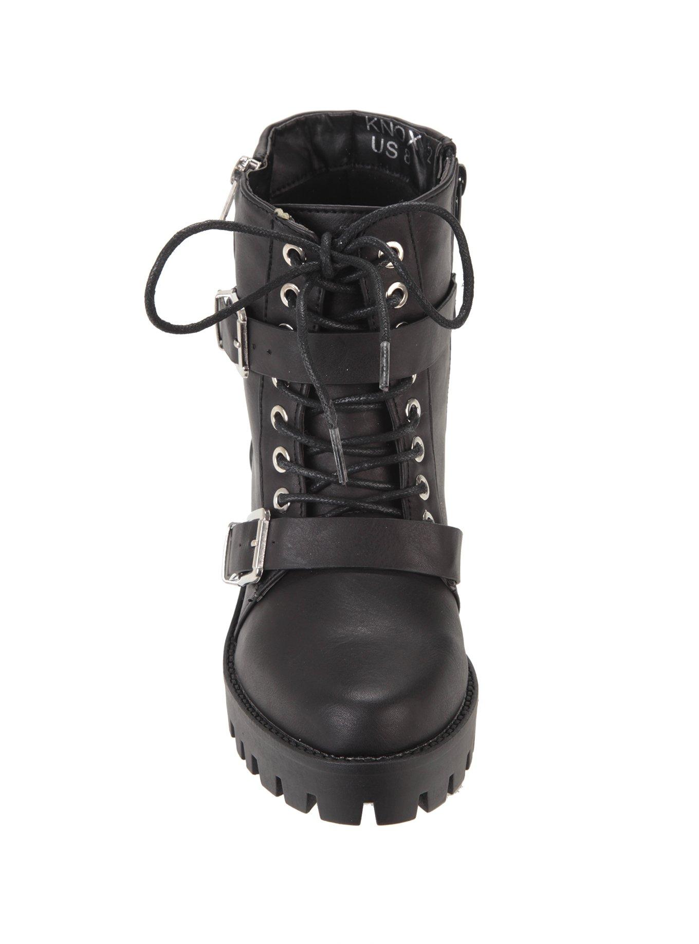 Black Lace-Up & Buckle Strap Ankle Boots, , alternate