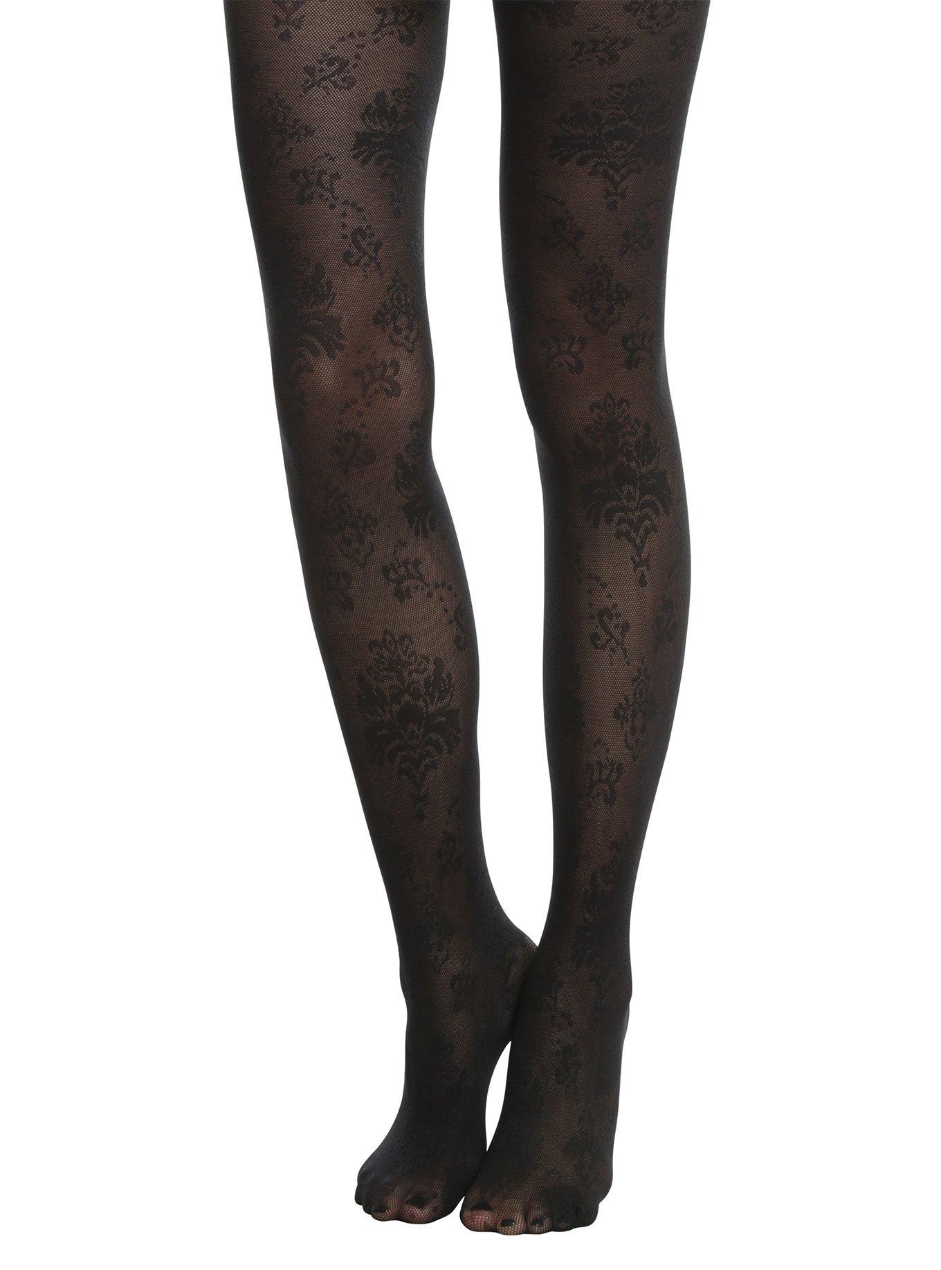 Blackheart Black Flocked Floral Fishnet Tights, , alternate - view 2