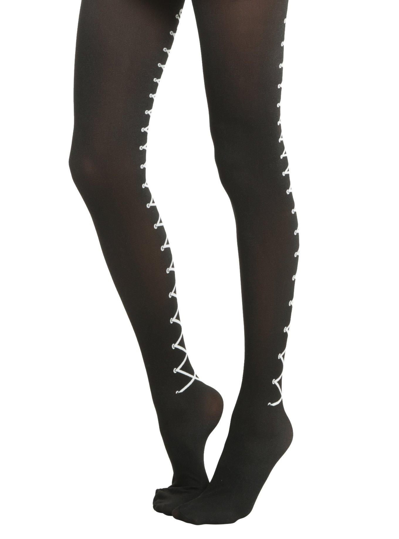 Blackheart Black & White Lace-Up Tights, , alternate