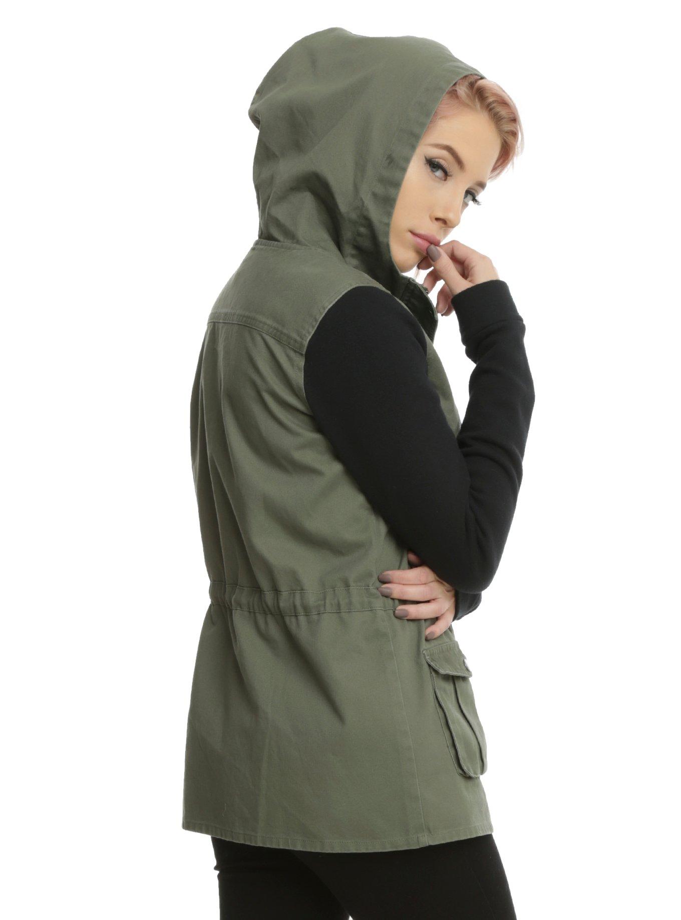 Olive Anorak Black Sleeve Girls Hooded Jacket, , alternate