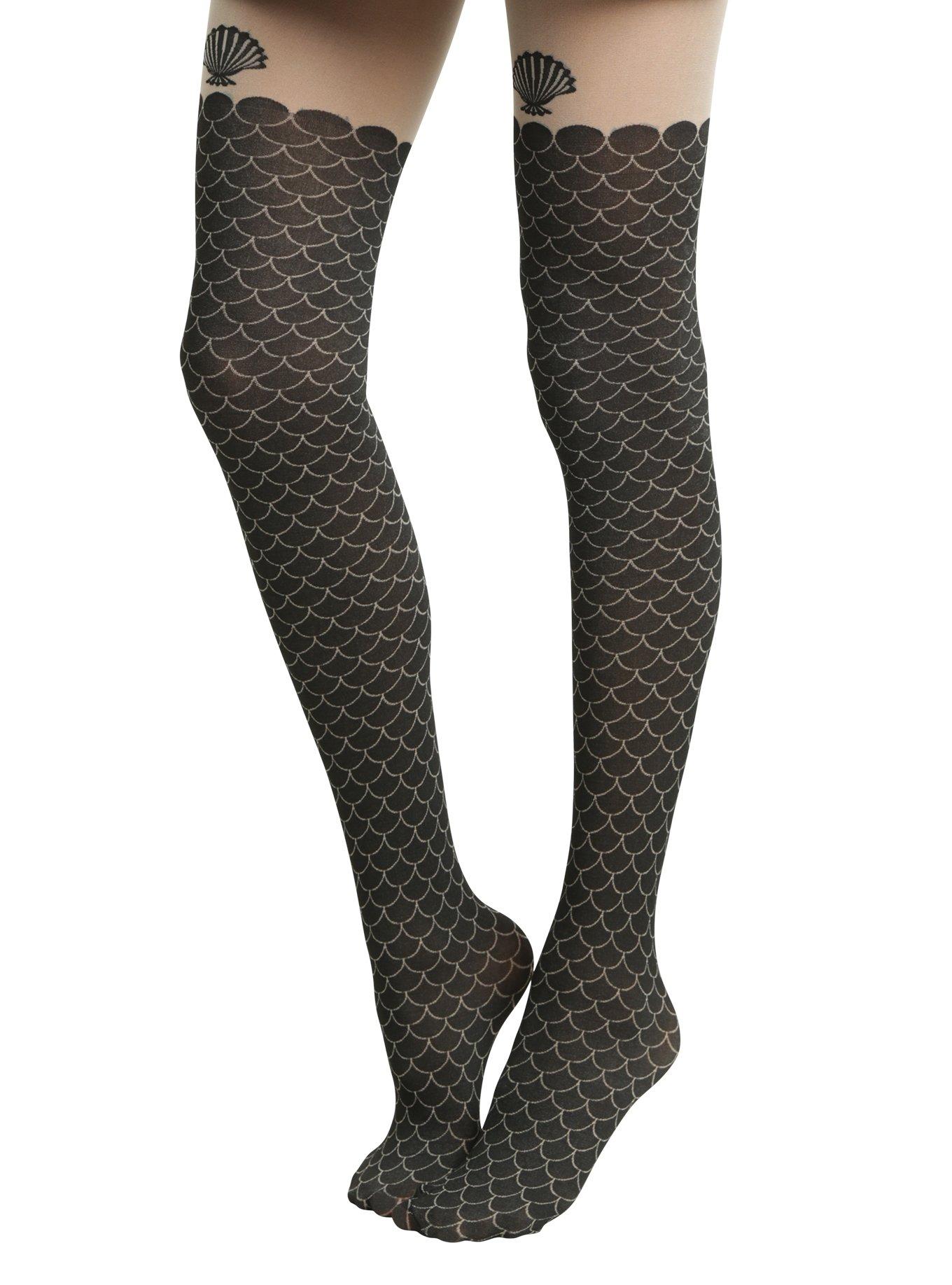 Disney The Little Mermaid Black Scale Faux Thigh High Tights, , alternate