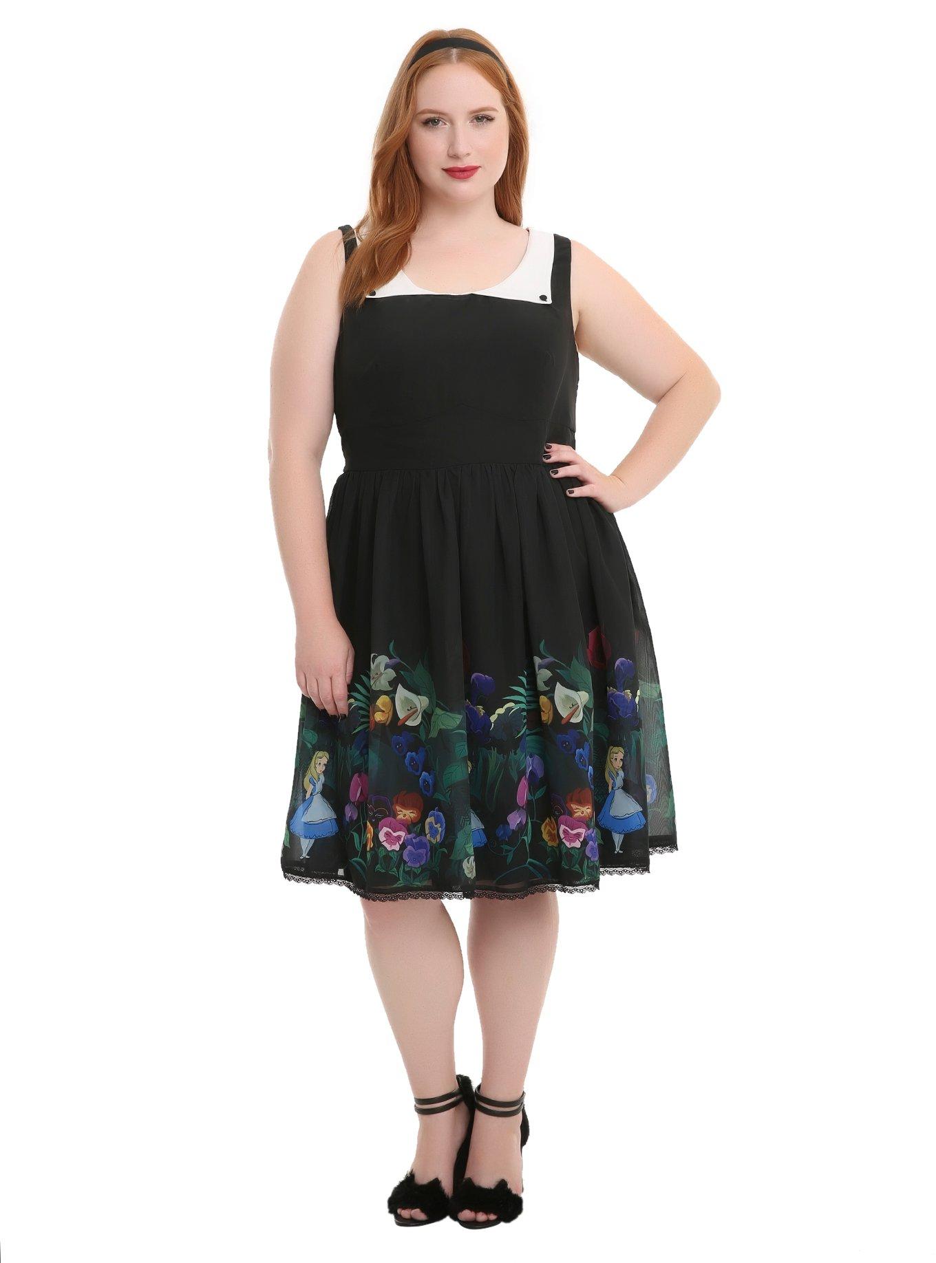 Disney Alice In Wonderland Flowers Peter Pan Collar Border Print Dress Plus Size, , alternate