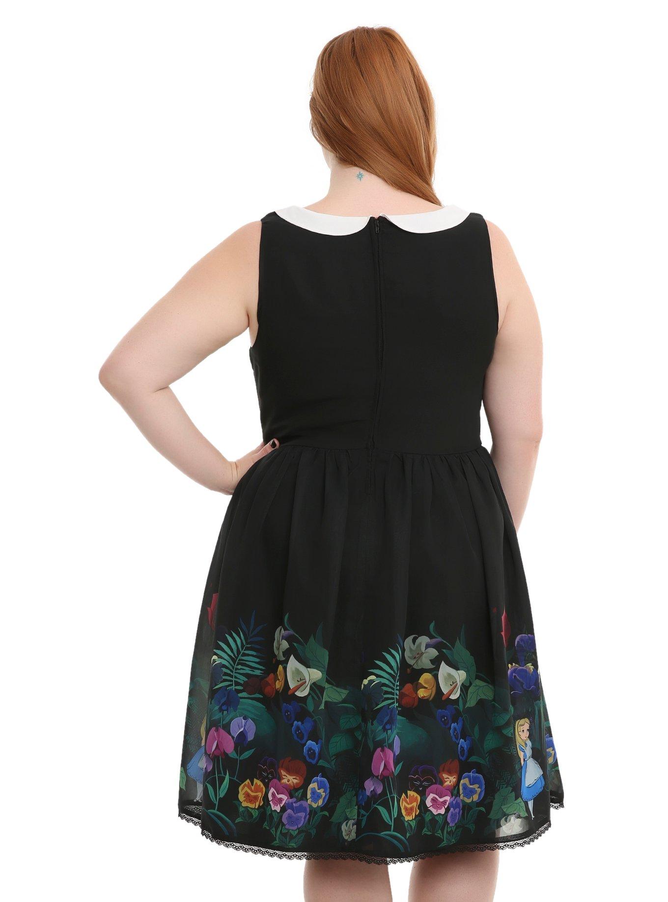 Disney Alice In Wonderland Flowers Peter Pan Collar Border Print Dress Plus Size, , alternate