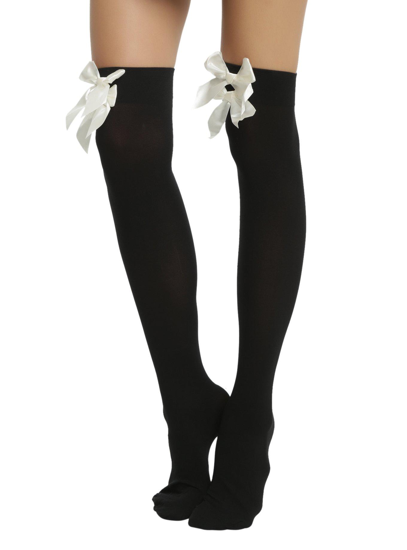 Blackheart Triple White Bow Black Thigh Highs, , alternate