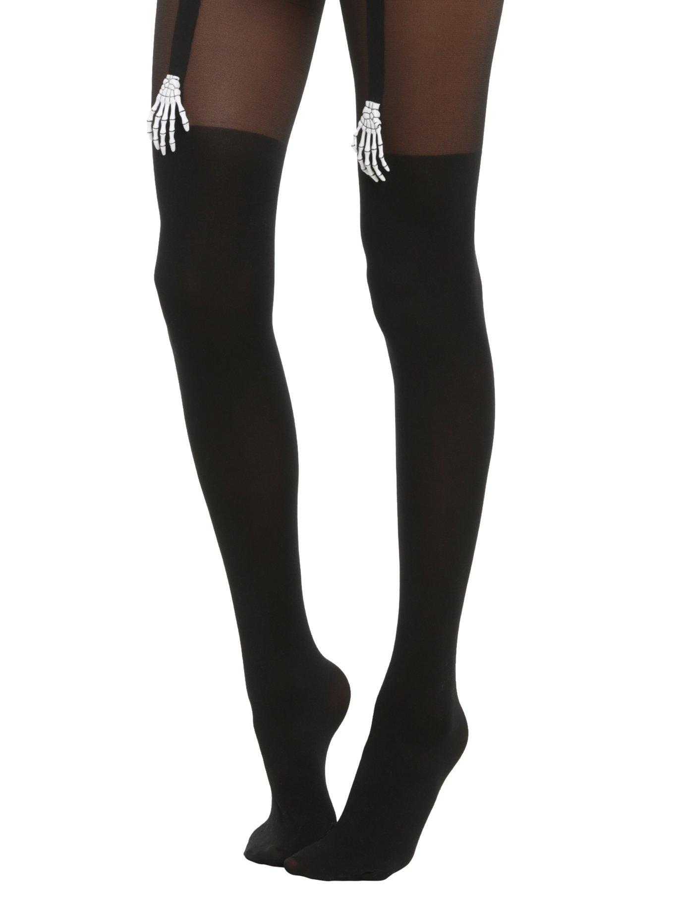 Blackheart Skeleton Hands Black Faux Thigh High Tights