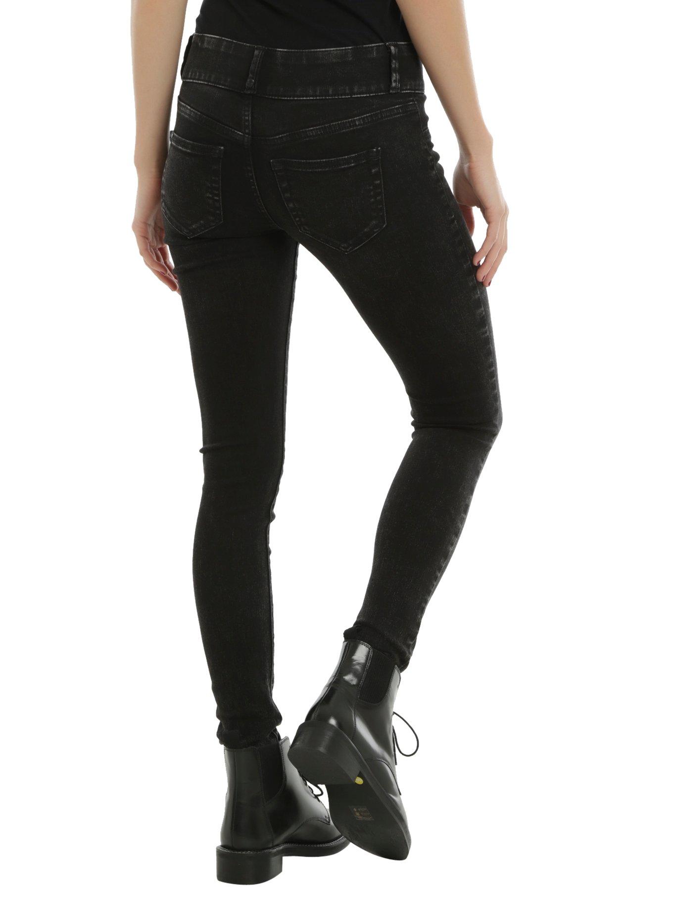 Blackheart Black Embossed Skull Super Skinny Jeans, , alternate