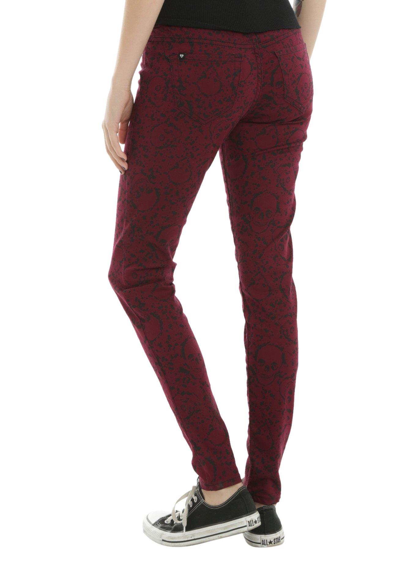 Blackheart Burgundy Skull Splatter Super Skinny Jeans, , alternate