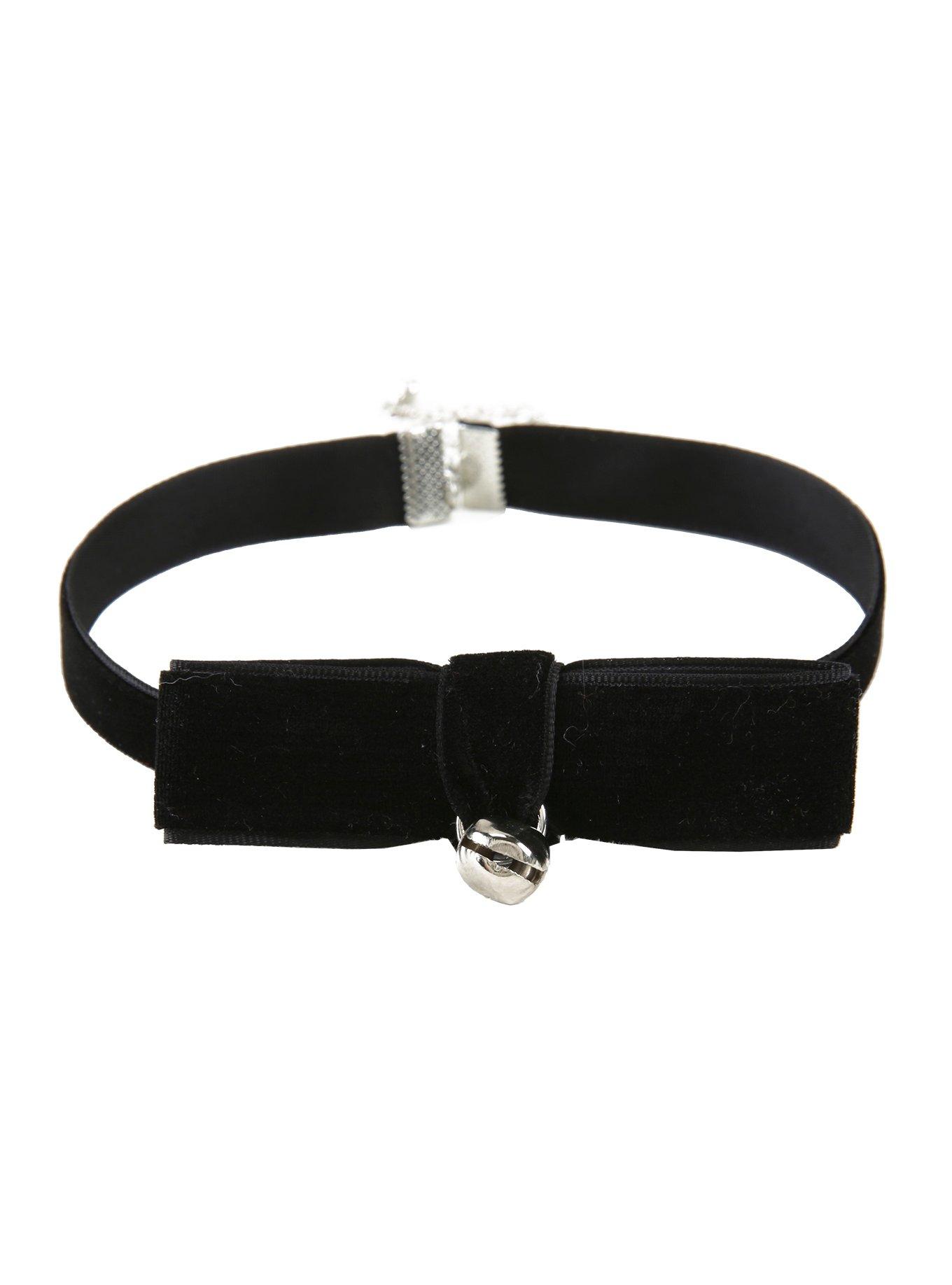 Blackheart Silver Bell Black Velvet Bow Choker, , alternate