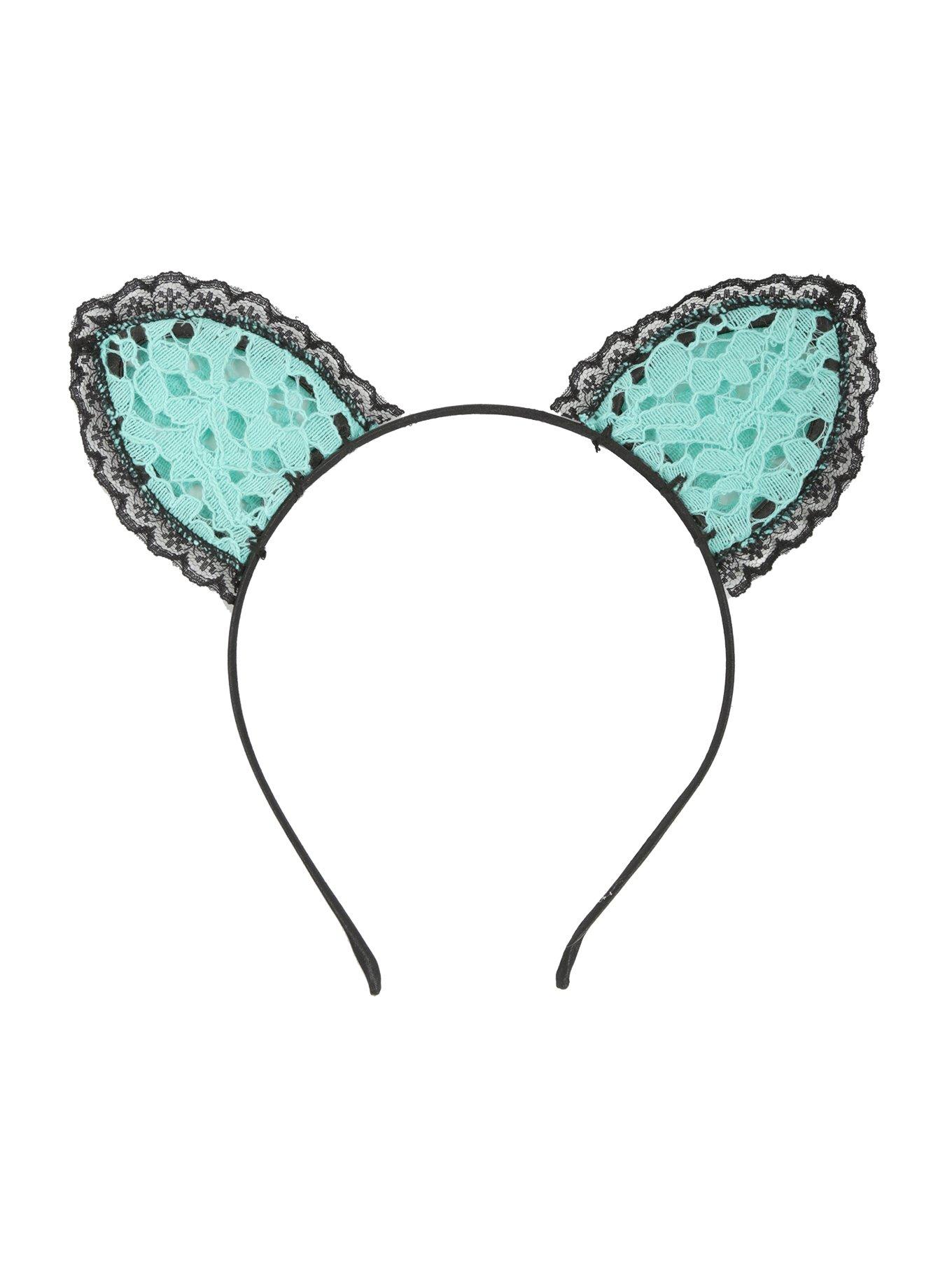 Mint & Black Lace Cat Ear Headband, , alternate