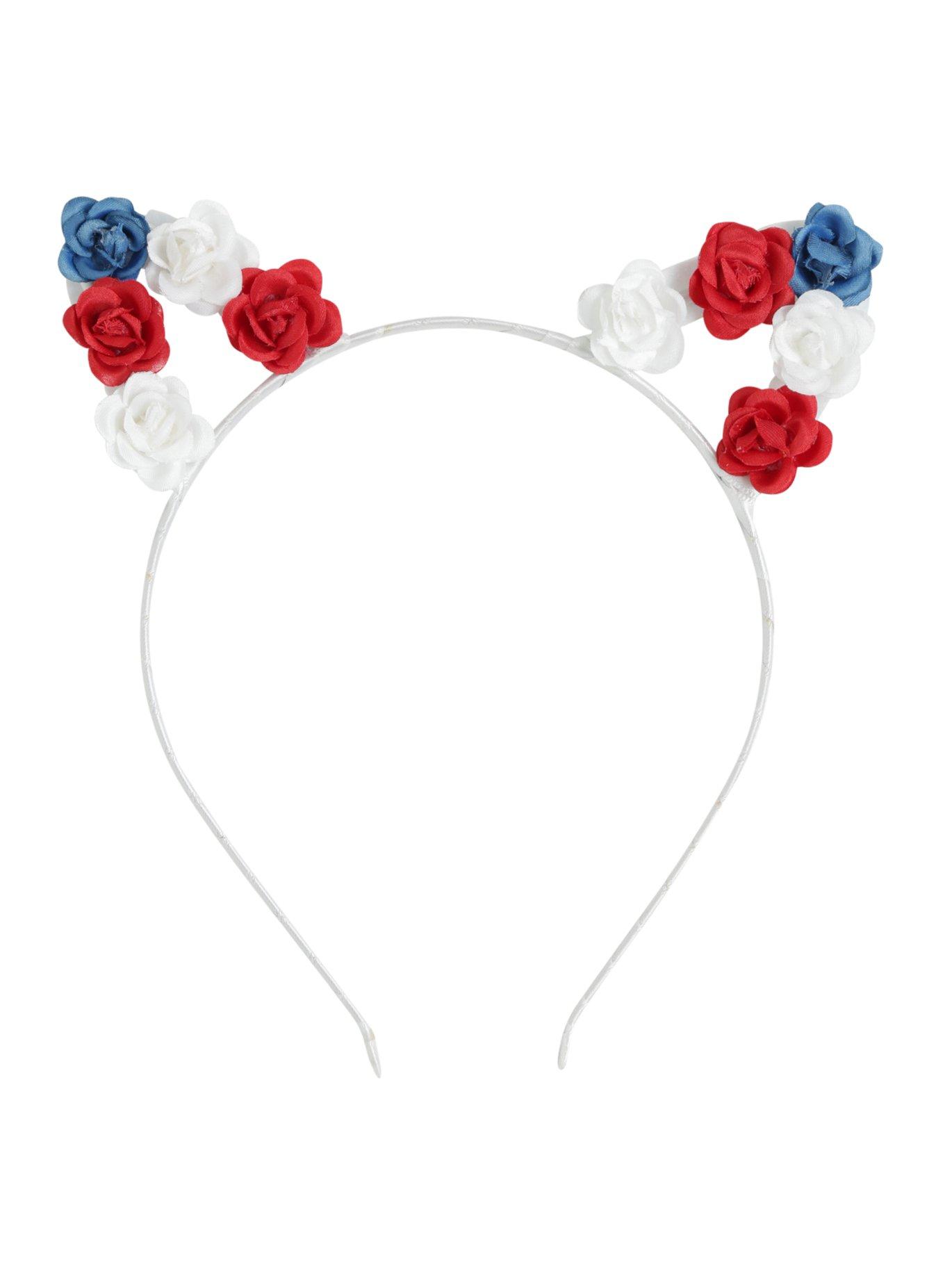 Red White & Blue Flower Cat Ear Headband, , alternate