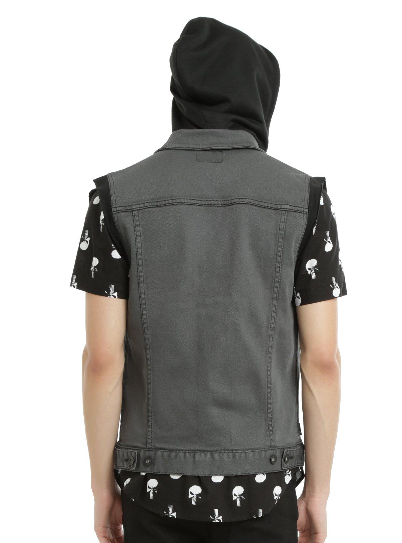 XXX RUDE Black Fleece Cap Hooded Grey Denim Vest, , alternate