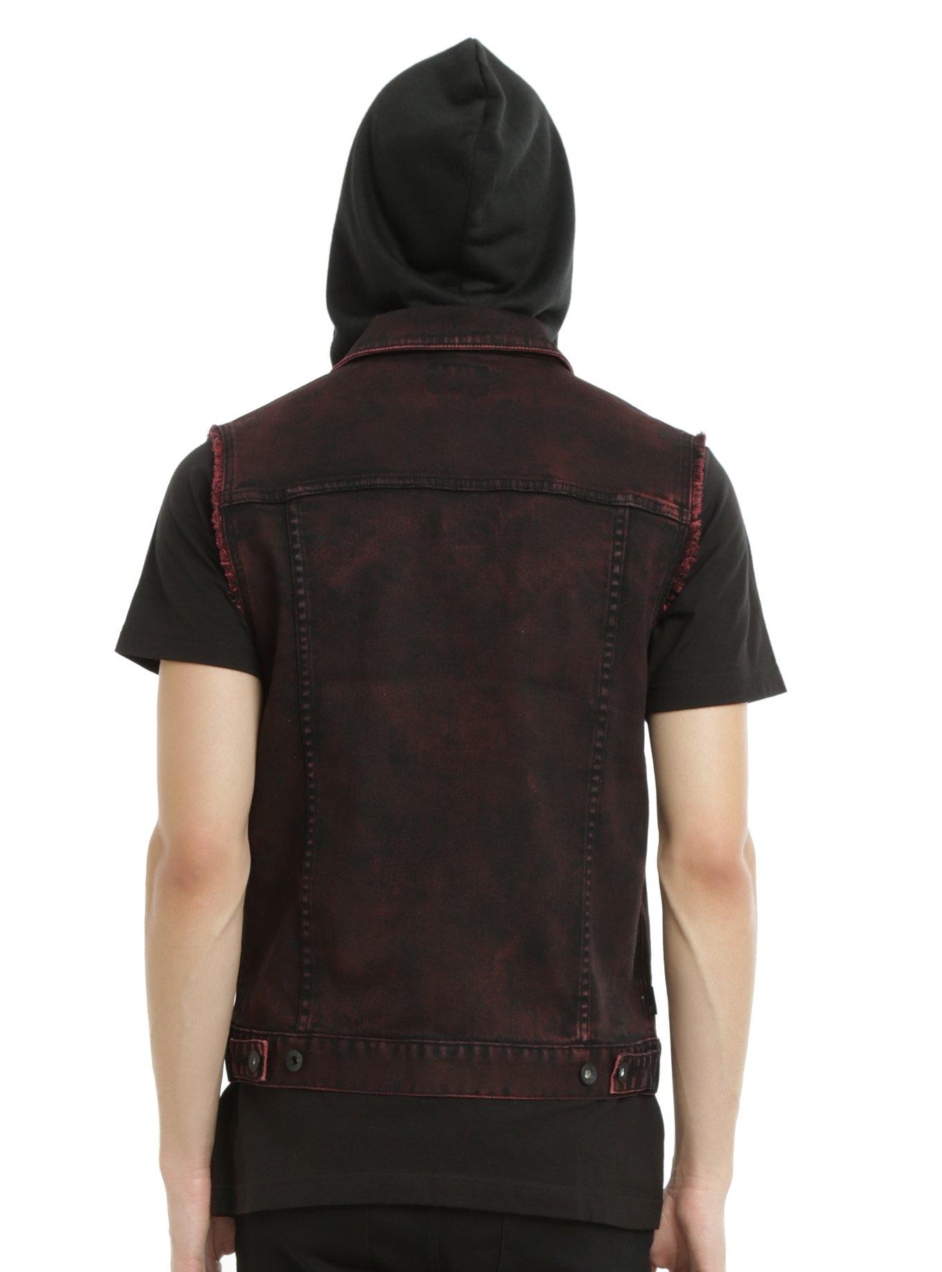 XXX RUDE Black Hooded Red Wash Denim Vest, , alternate